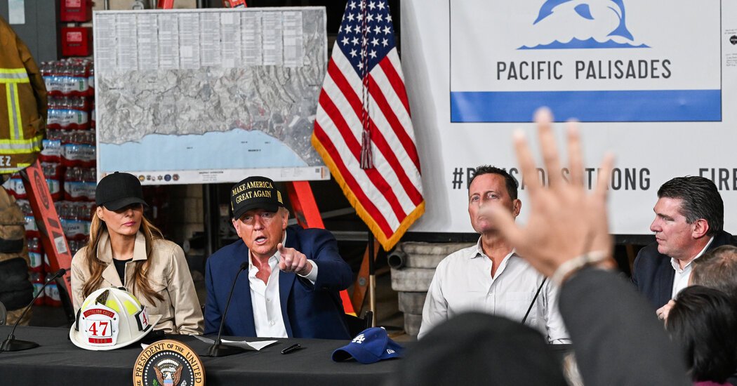 In Visit to Pacific Palisades, Trump Praises Firefighters and Blames Democratic Officials